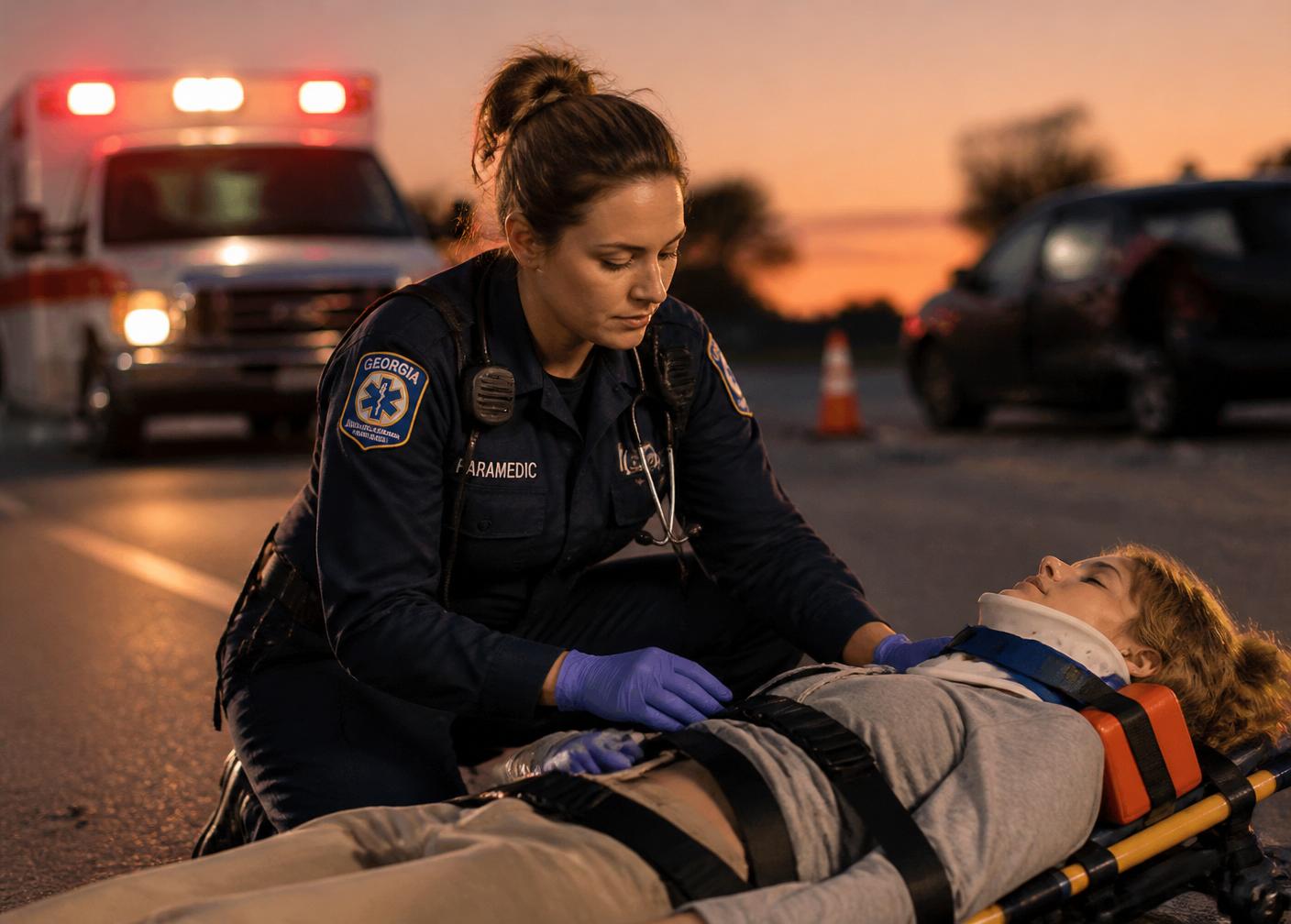 Paramedic treating an injured accident victim at the scene